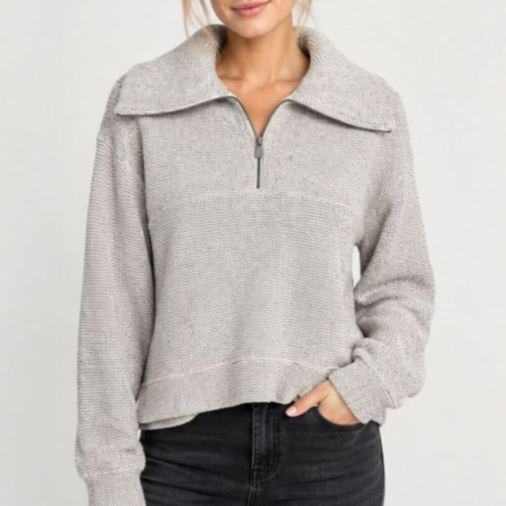 Sweaty Betty London Gray Textured 1/2 Zip Funnel Neck Pullover Sweater M